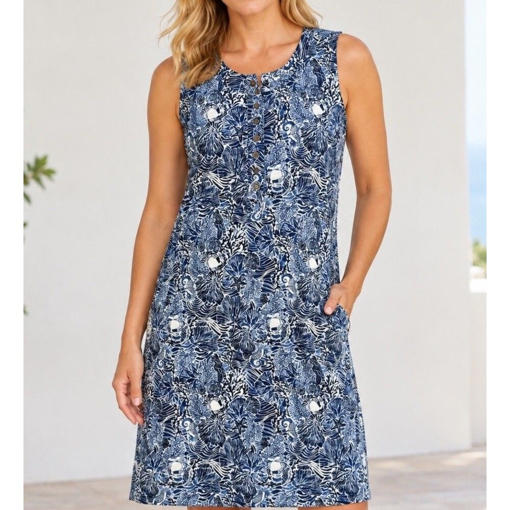 J.Jill Sleeveless Jersey Knit Below Knee Dress Womens XL Tall Blue White Island